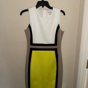 Calvin Klein White and Yellow Colorblock Midi Dress